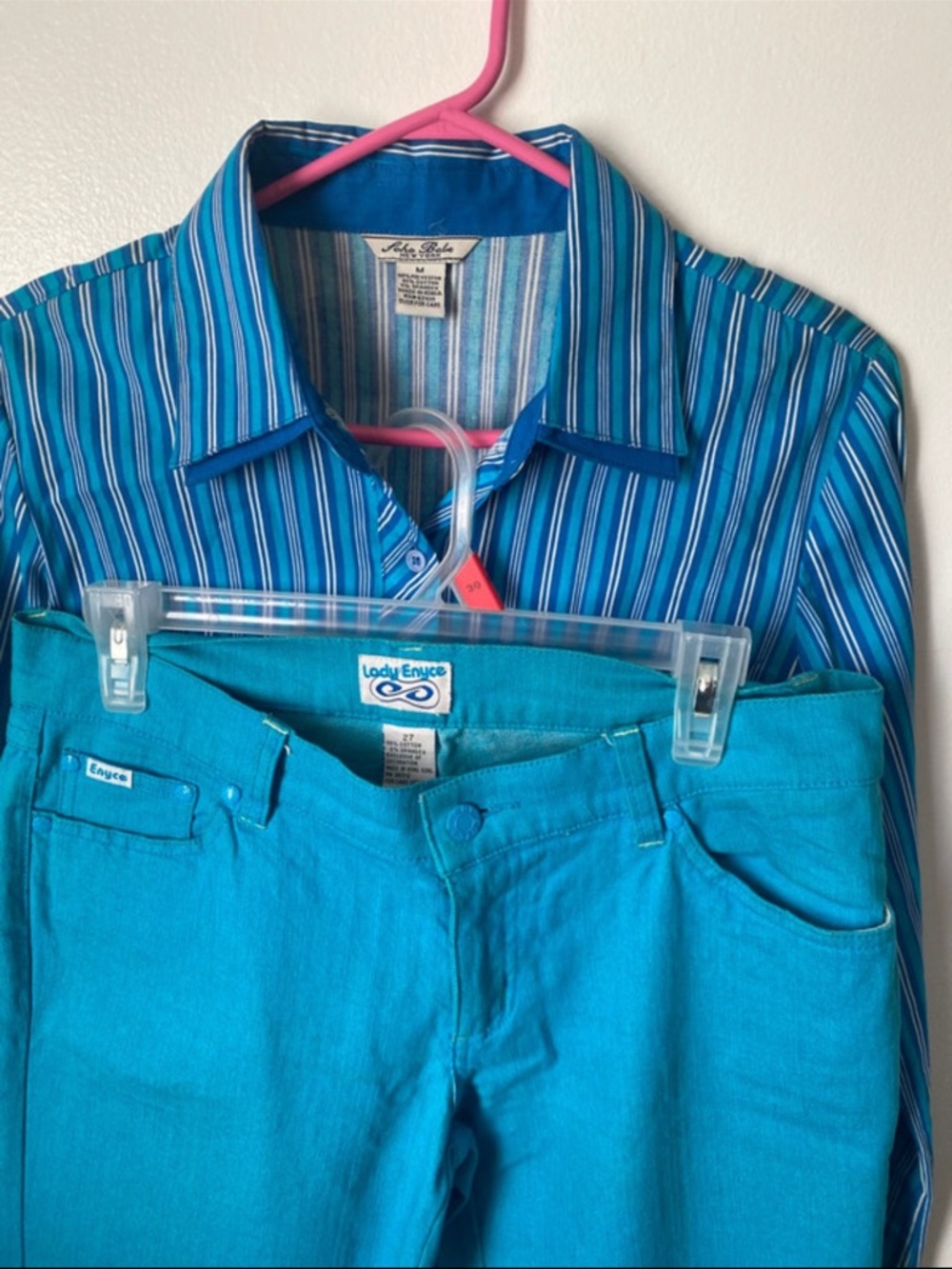 Enyce Women’s Boot Cut Jeans in Bright Teal with Striped Blue Shirt